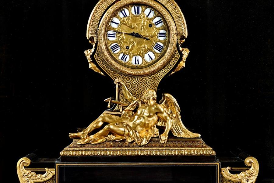 STEINITZ, Huge cartonnier clock André-Charles Boulle (Paris, 1642-1732) & Claude III Martinot, clockmaker Tortoiseshell and brass marquetry, ebony, gilt bronze, enamel and metal Paris, 1723