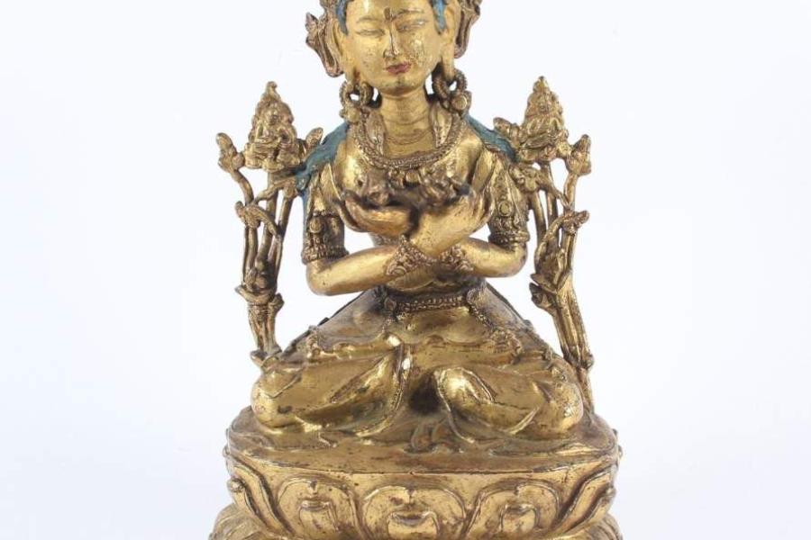 ADIBUDDHA VAJRADHARA, Bronze vergoldet, Haare mit blauer Kultfarbe, Dorje Chang, der Halter des Diamantzepter, Mindestpreis:	4.000 EUR