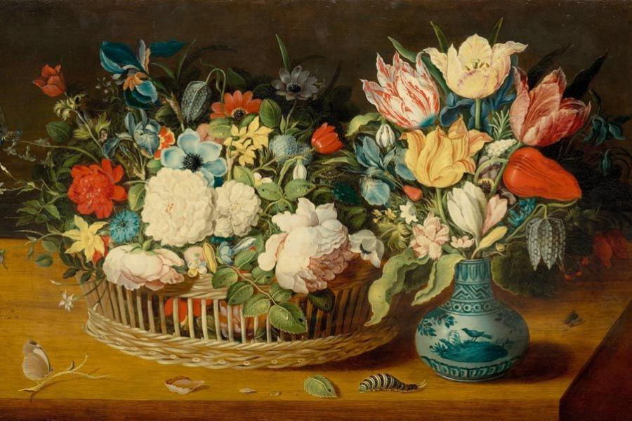 BEERT, OSIAS  (um 1580 Antwerpen 1624)  Stillleben mit Blüten in einem Flechtkorb und Blumenstrauss in einer Porzellanvase auf einer Tischplatte mit Insekten. Öl auf Holz. Schätzpreis:	400.000 - 500.000 CHF