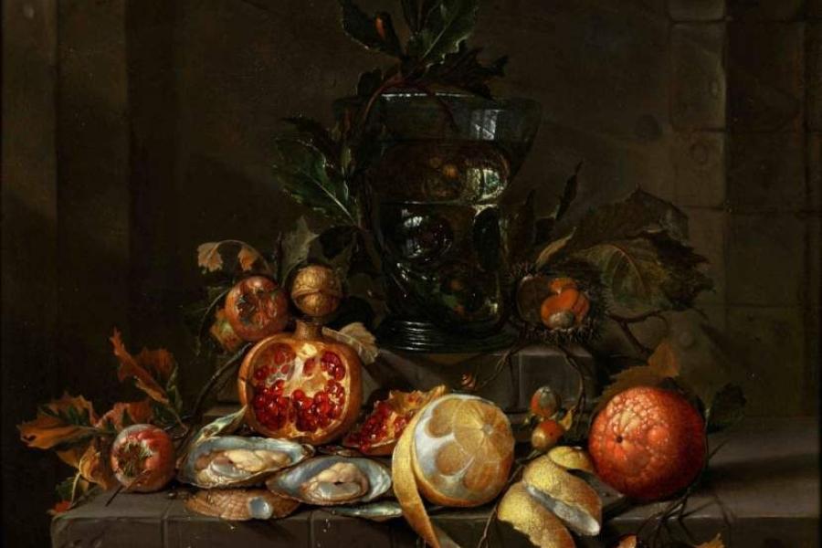 Cornelis Jansz de Heem, 1631 Leiden - 1695 Antwerpen STILLLEBEN MIT FRÜCHTEN, AUSTERN UND EINEM RÖMER Öl auf Leinwand.  Schätzpreis:	40.000 - 60.000 EUR