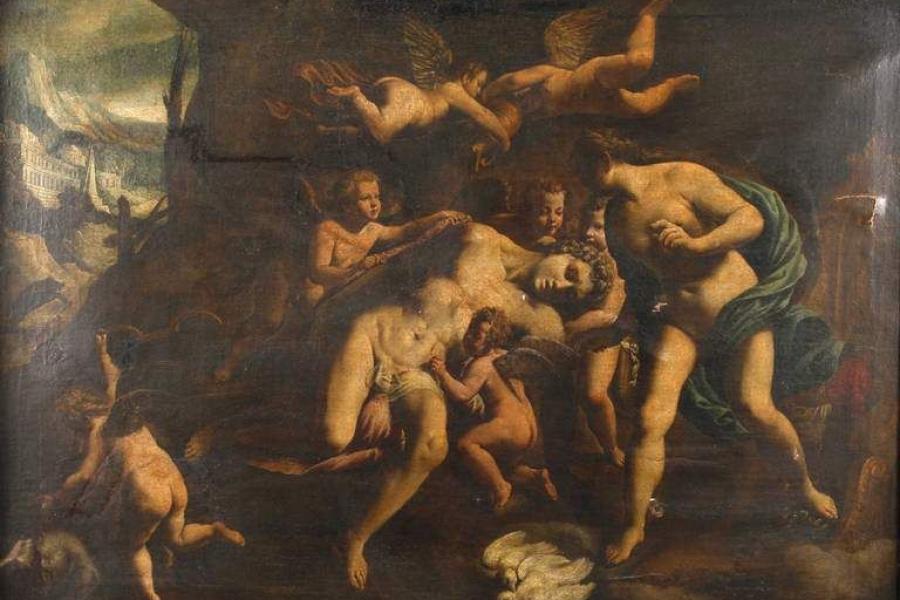 Tod des Adonis, Barock die griechische Mythologie berichtet von Adonis, dem Gott der Vegetation und der Schönheit als einem ungewöhnlich schönen... allegorische Genremalerei, Öl auf Leinwand, wohl 17. Jh., rechts unten Signaturreste. Zuschlagspreis:	29.000 EUR