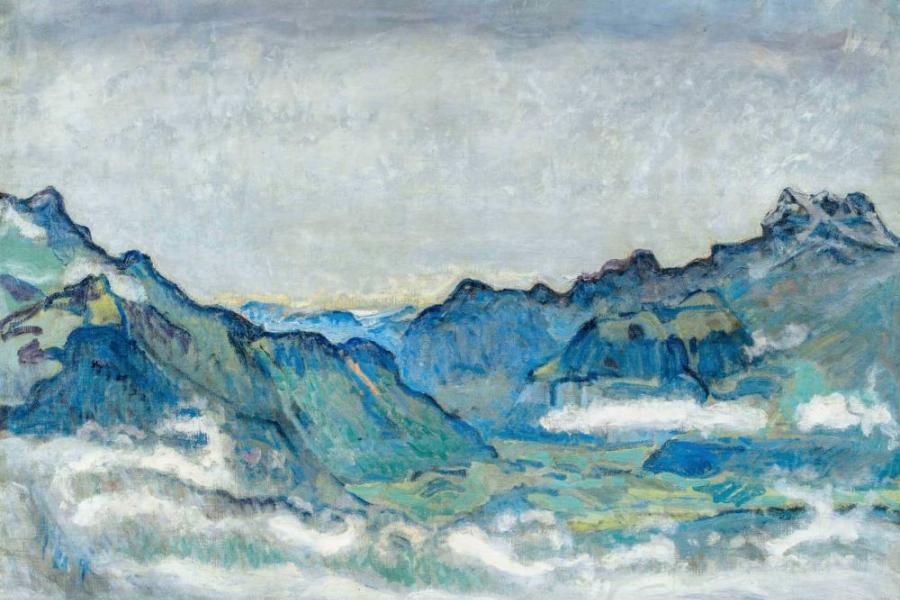 Ferdinand Hodler (1853 - 1918) Rhonetal mit Dents du Midi 1912 Öl auf Leinwand unten rechts datiert und signiert «1912 F. Hodler» 66 x 89 cm. Schätzpreis:	1.000.000 - 1.500.000 CHF