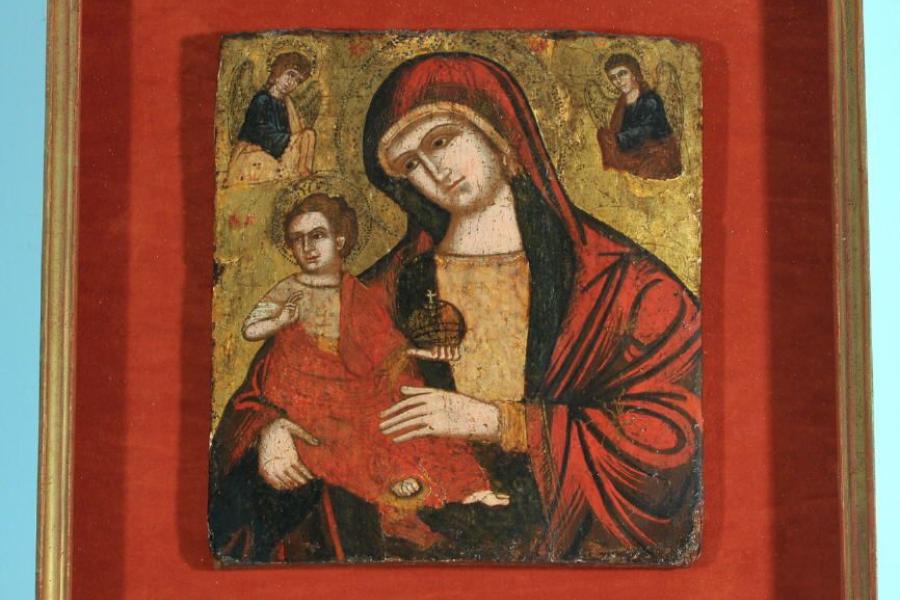 Ikone "Madonna Dexiokratusa" Eitempera/Holz, 23 x 20,5 cm, Griechenland, um 1600, Mindestpreis:	1.100 EUR