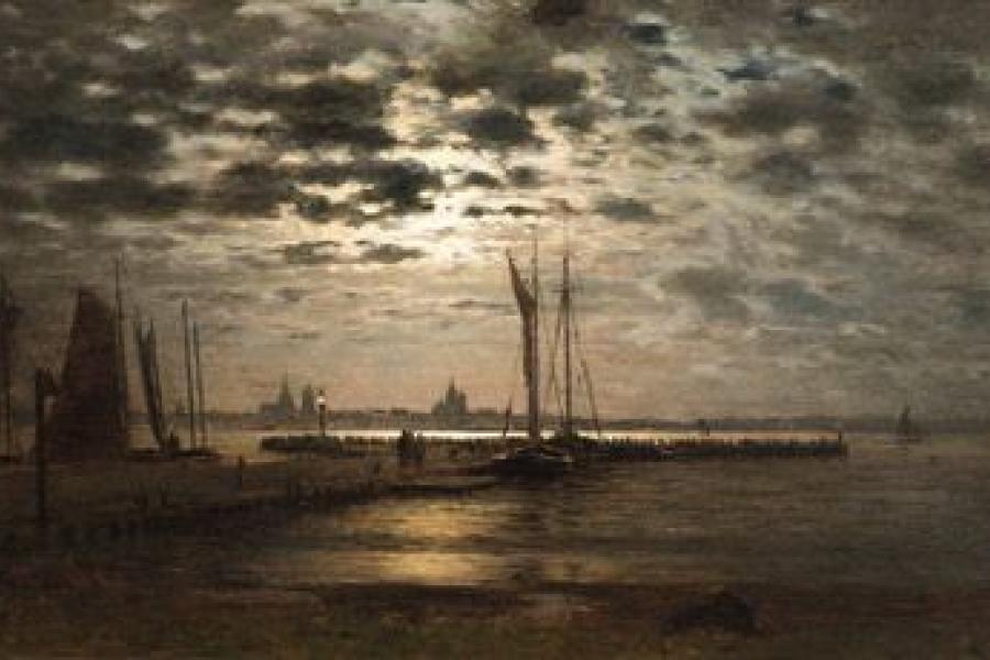 Louis Douzette (1834 Tribsees - 1924 Barth) Mondlicht über Stralsund. Schätzpreis:	11.000 - 13.000 EUR