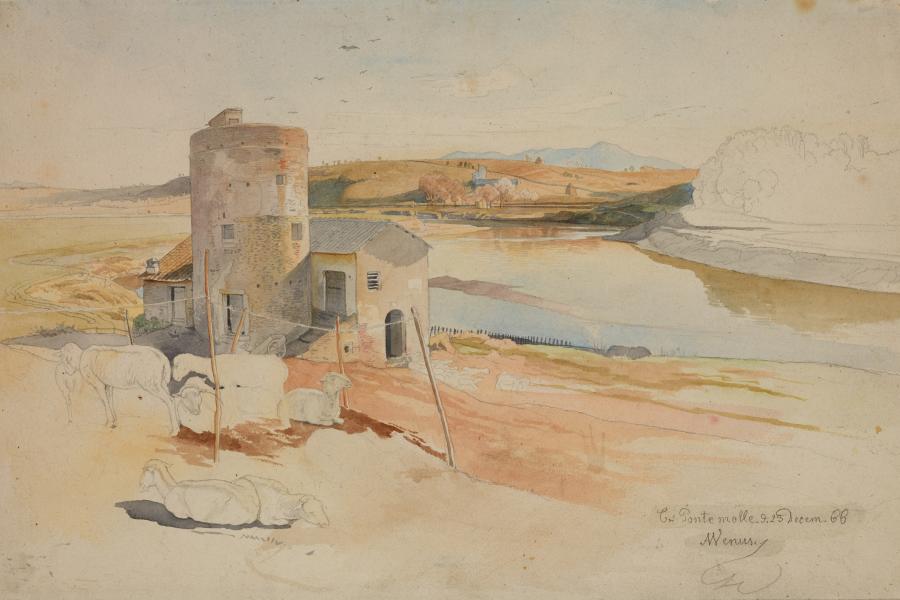 Albert Venus (1842-1871) Römische Campagna- und Tiber-Landschaft  bei Ponte Molle, 1866 Aquarell über Bleistift und schwarzer Kreide, 256 x417 mm Privatsammlung Foto: Johannes von Mallinckrodt, London