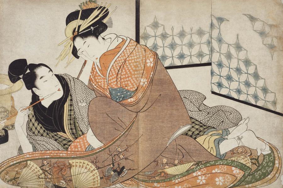 Kitagawa Utamaro (1753–1806), Ein junger Besucher, 1799. Aus dem Album Negai no itoguchi [Erwachen der Begierde]. Farbholzschnitt © Leopold Privatsammlung, Wien; Foto: MAK/Georg Mayer