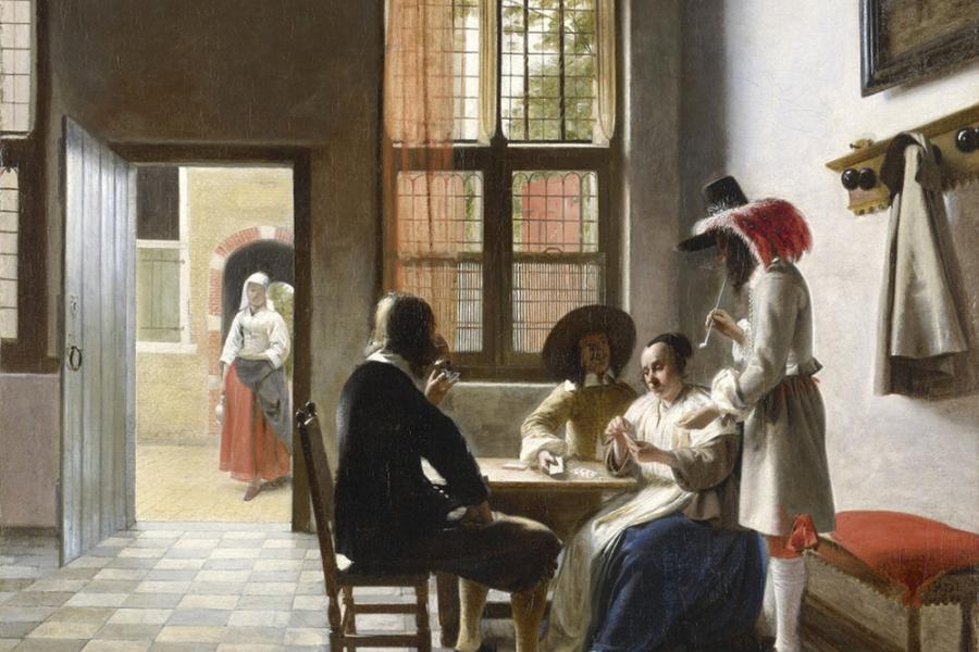 RCIN 405951 Pieter de Hooch (1629-1684) Kaartspelers in een zonnige kamer, 1658 Gesigneerd en gedateerd rechtsonder: P. D. H. 1658 Doek, 77 x 67 cm Aangekocht door George IV, 1825