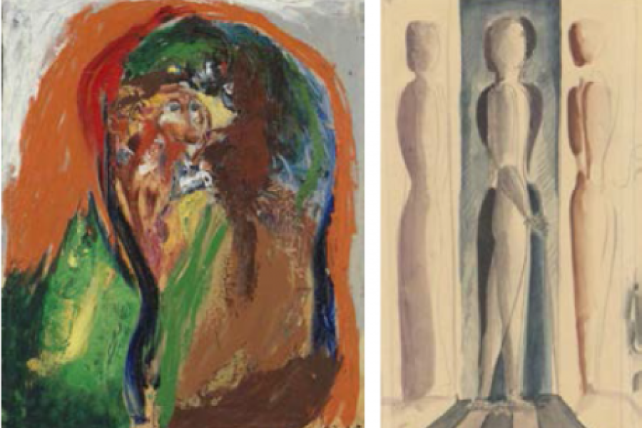 Left: Asger Jorn, Burning, 1961 Oil on canvas, 50 x 40 cm Bayerische Staatsgemäldesammlungen, Sammlung Moderne Kunst in der Pinakothek der Moderne, Munich © VG Bild-Kunst, Bonn 2016  Right: Oskar Schlemmer, Trisection II, 1924 Watercolour, 27,7 x 15,7 cm © Staatliche Graphische Sammlung, Munic