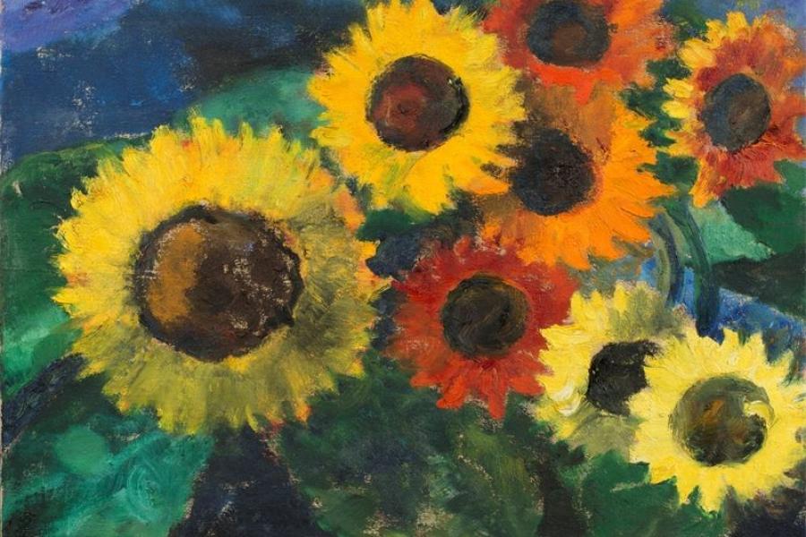 Emil Nolde (Nolde 1867 – 1956 Seebüll) „Leuchtende Sonnenblumen“. 1950 Öl auf Leinwand. 68,5 × 89 cm ( 27 × 35 in.). Schätzpreis:	800.000 - 1.200.000 EUR