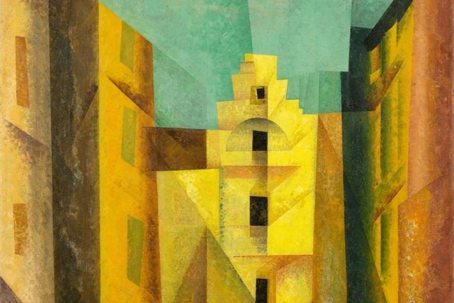 Lyonel Feininger (1871 – New York – 1956) „Gelbe Gasse“ (auch „Gasse I“, „Yellow Lane“). 1932 Öl auf Leinwand. 100 × 80 cm ( 39 ⅜ × 31 ½ in.).  Schätzpreis:	1.000.000 - 1.500.000 EUR Zuschlagspreis:	3.000.000 EUR