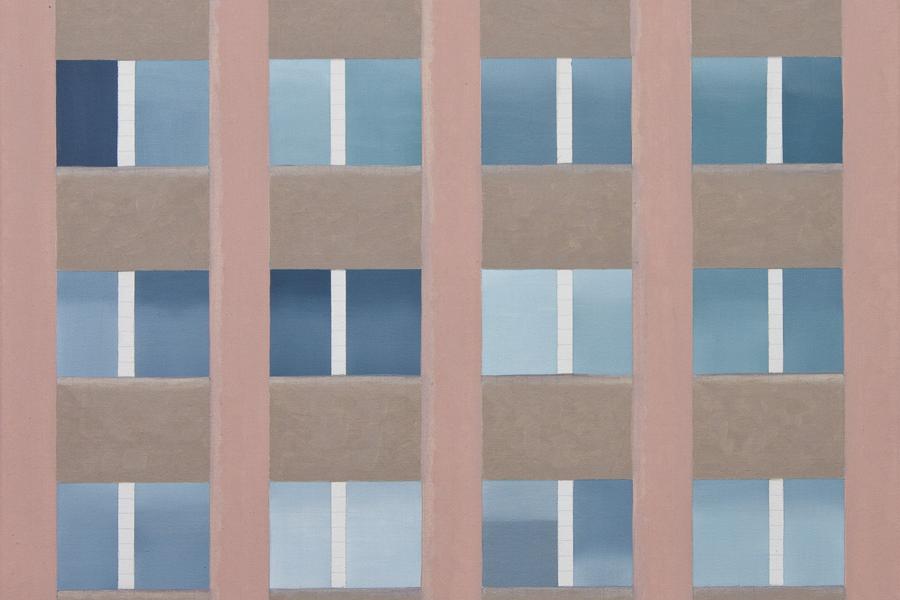 Fabian Patzak, Pink Facade Blue Windows, 2016, Öl auf Leinwand, 60x80cm