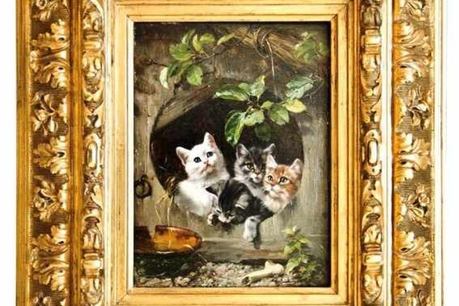 Adam, Julius (München 1821 - 1874). Vier Katzen. Öl auf Holz, um 1860. Oben links signiert. 19,5 x 14 cm. Im breiten ornamentalen Goldrahmen. Mindestpreis:	4.000 EUR