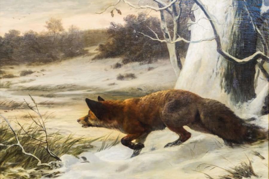 DEIKER, CARL-FRIEDRICH (Wetzlar 1836-1892 Düsseldorf), "Schnürender Fuchs am verschneiten Ufer eines Waldweihers"