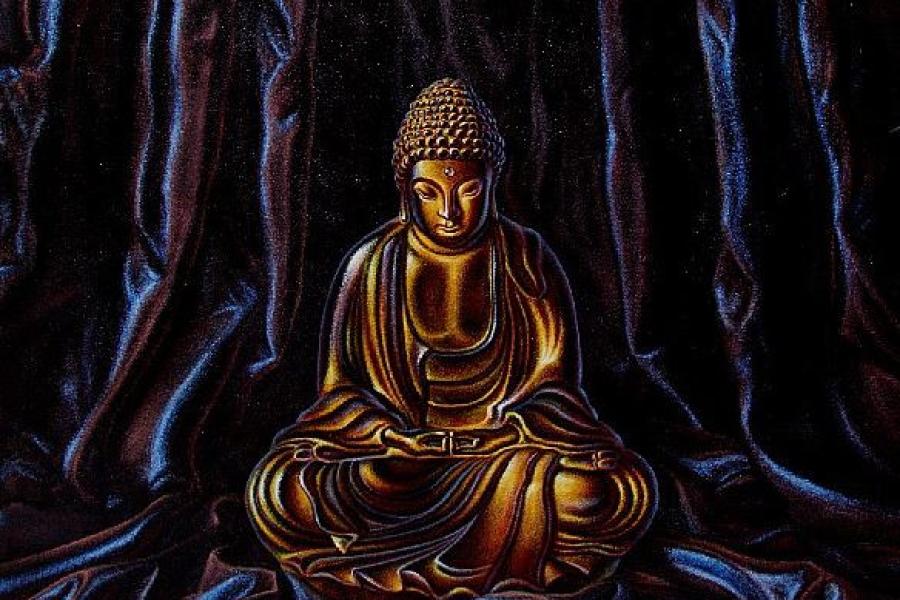 3375:SCHWIMBECK, FRITZ,Goldene Buddha-Statue vor schwerem dunklen Stoff. Öl auf beschichteter Holzplatte. Sign., nicht bezeichnet und dat. (wohl um 1925/30). 69 x 57 cm. – Unter Glas in profiliertem Holzrahmen d. Zt. (verso mit Plakette der Rahmenhandlung Georg Oberndorfer, München). 2.500 € 3375:SCHWIMBECK, FRITZ,Goldene Buddha-Statue vor schwerem dunklen Stoff. Öl auf beschichteter Holzplatte. Sign., nicht bezeichnet und dat. (wohl um 1925/30). 69 x 57 cm. – Unter Glas in profiliertem Holzrahmen d. Zt. (verso mit Plakette der Rahmenhandlung Georg Oberndorfer, München). 2.500 €