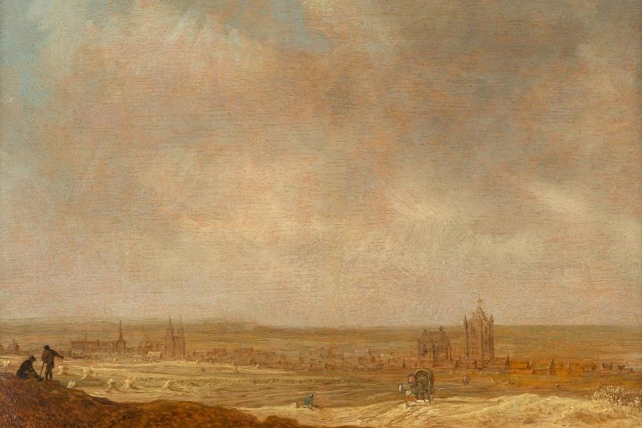 JAN VAN GOYEN (1596-1656), BELEBTE LANDSCHAFT MIT EINER STADTANSICHT ARNHEIMS AUS DER FERNE, Öl auf Eichenholz. 20,5 x 25 cm, signiert und datiert. Limit 20.000,- €