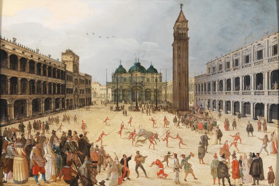 Sebastian Vrancx (1573-1647), Karnevalsszene auf dem Markusplatz in Venedig, Öl auf Holz, 50 x 74 cm, Schätzwert € 180.000 - 220.000 Auktion 24. April 2018