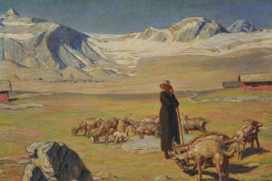 ERLER Erich (1870 Frankenstein - 1946 Icking) "Sonniger Sommertag in den Alpen", Ziegenhirtin mit einer Herde Bergziegen u. Berghütten Mindestpreis:	2.500 EUR