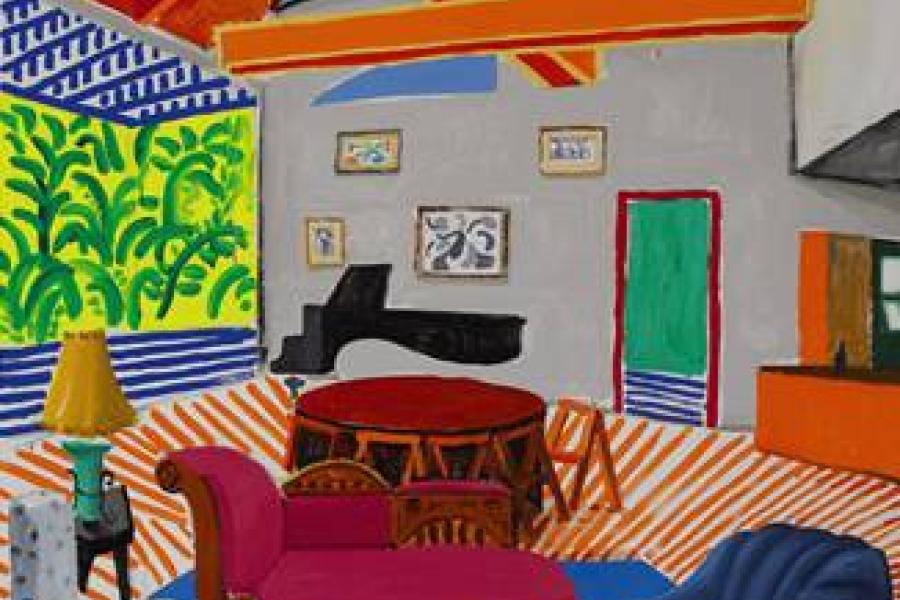 David Hockney Montcalm Interior with Two Dogs 72 by 60 in. 182.9 by 152.4 cm Painted in 1988. Estimate $9/12 Million