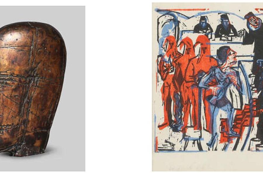 Michael Croissant, „Kopf“ Bronze (links), Ernst Ludwig Kirchner, „Gerichtsszene“ (rechts)