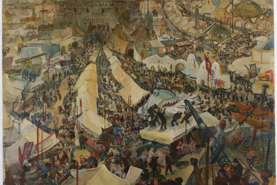 Oskar Laske (Czernowitz 1874-1951 Wien) Jahrmarkt des Lebens, Opus 123, signiert: O. Laske, betitelt und bezeichnet, 1936,Öl und Tempera auf Leinwand, ca. 150 x 140 cm Provenienz: Kunstsammlung Brau Union Österreich. Registriert: L. Schulz-Laske/E. Kesselbauer-Laske (Hg.), Oskar Laske: Der künstlerische Nachlaß. Gedächtnisausstellung Wien, Künstlerhaus, März-Juni 1952, Wien 1952, S. 8, Nr. 123. erzielter Preis € 176.949 REKORDPREIS