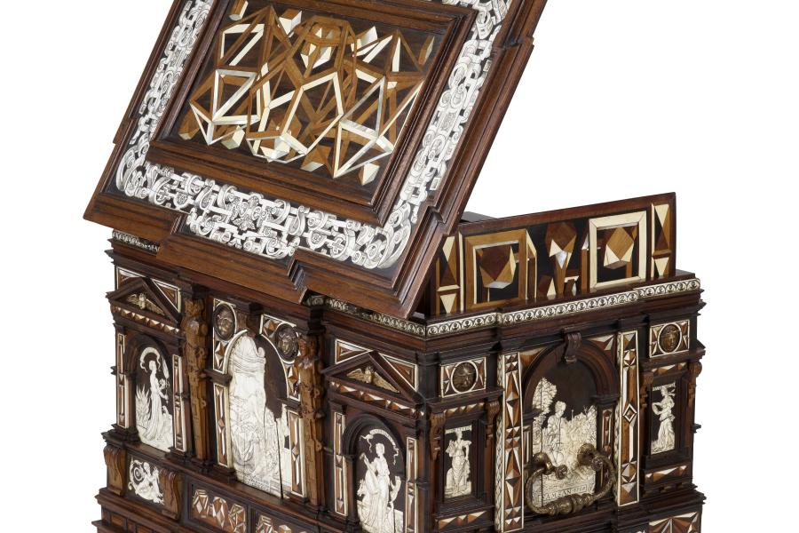 GEORG LAUE, KUNSTKAMMER LTD Court Renaissance Casket from Newbattle Abbey by the Nuremberg Master of Perspective, dated 1565  Various woods, engraved bone, mother of pearl, alabaster, etched and fire-gilt iron  35 cm x 53 cm x 36 cm