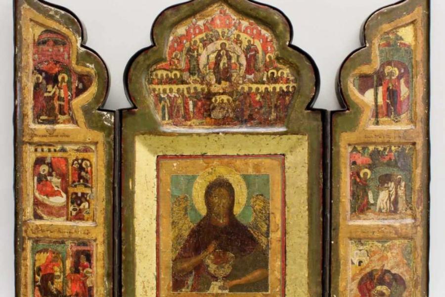 Triptychon, Tempera auf Holz, Russland, 17. Jh., in der Mitte Johannes der Vorläufer, auf den Flügeln Szenen seiner Lebensgeschichte Mindestpreis:	2.800 EUR