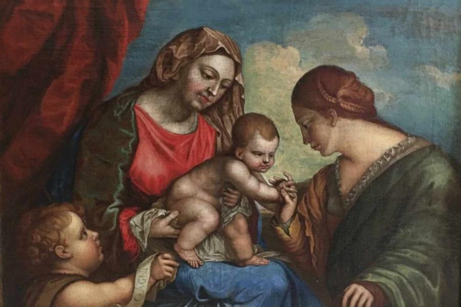 Unbekannter italienischer (?) Meister, Die mystische Vermählung Christi mit der Heiligen Katharina Wohl Nord-Italien, um 1600. Mindestpreis:	1.200 EUR