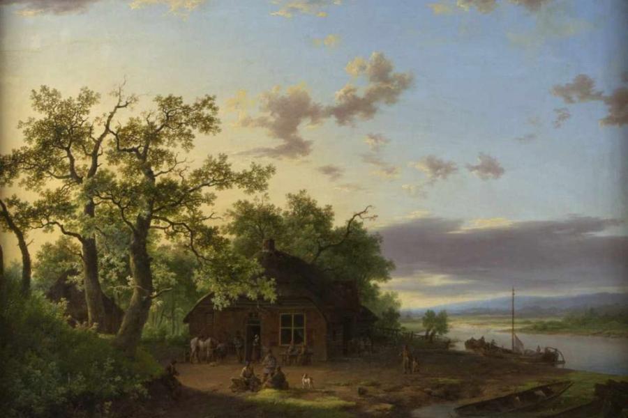 Koekkoek, Barend Cornelis.  1803 Middelburg - Kleve 1862 Gasthof an einem Fluss im Abendlicht. Öl/Lwd., doubliert. Sign. 64 x 78 cm. Gerahmt. Aufrufpreis:	9.000 EUR