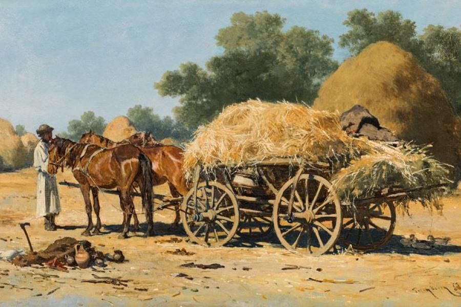 August X. K. Ritter von Pettenkofen  Ungarischer Getreidewagen, 1857 Öl auf Holz, 29,5 x 47 cm  Schätzpreis:	18.000 - 27.000 EUR