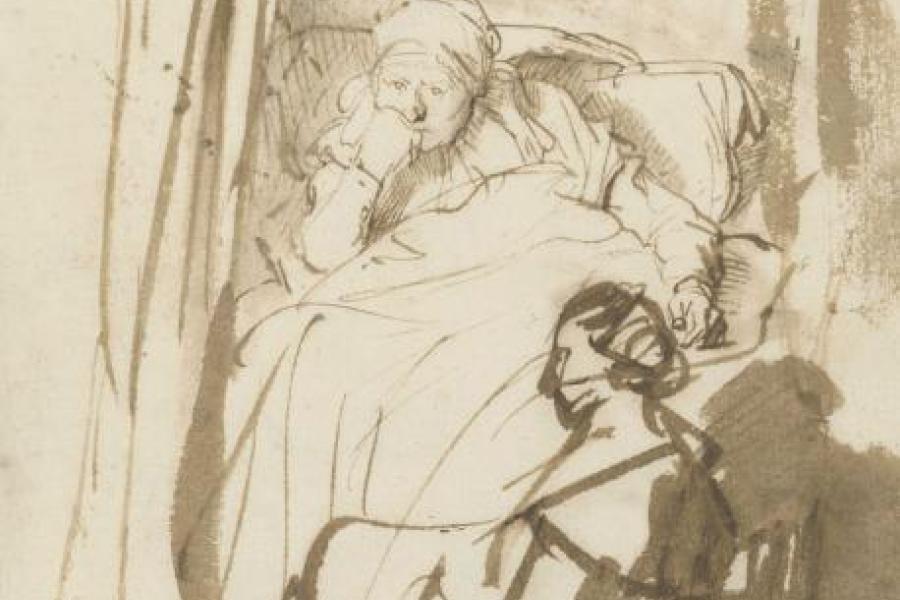 Rembrandt, Frau im Bett (Saskia?) mit einer Amme, um 1638  Feder und Pinsel in Braun, braun laviert, 227 x 164 mm © Staatliche Graphische Sammlung München