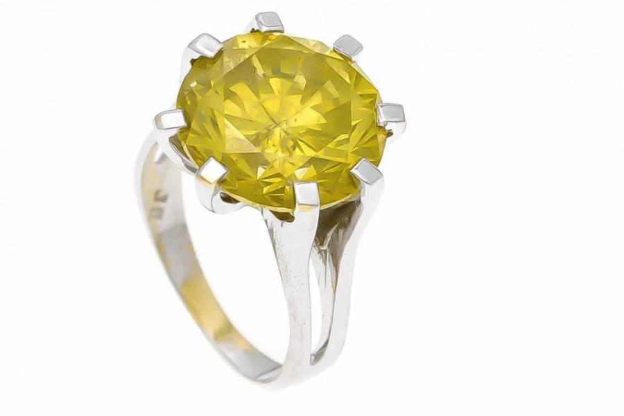 Brillant-Ring WG 750/000 mit einem Brillanten 12,30 ct FancyYellow/SI, Cut, Symmetrie, Polish excellent, Color enhanced, D. 14 mm, RG 56, 8,85 g, mit Expertise 2019 Mindestpreis:	17.000 EUR