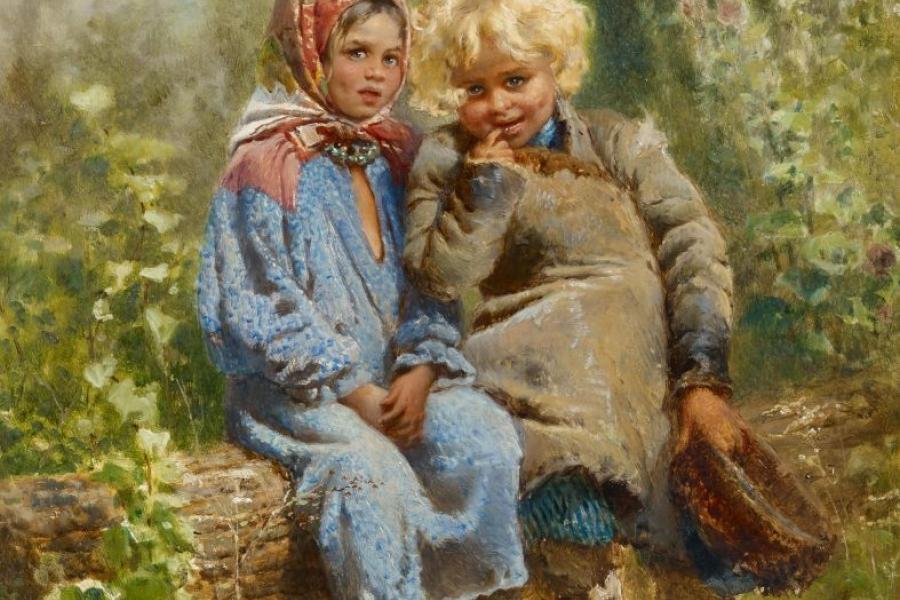 Makovsky, Konstantin Egorovich 1839 Moskau - 1915 St. Petersburg Zwei Kinder im Garten. Öl auf Holz. 45,5 x 37cm. Signiert und datiert unten rechts: C. Makowsky / 1875. Rahmen.  Schätzpreis:	280.000 - 350.000 EUR