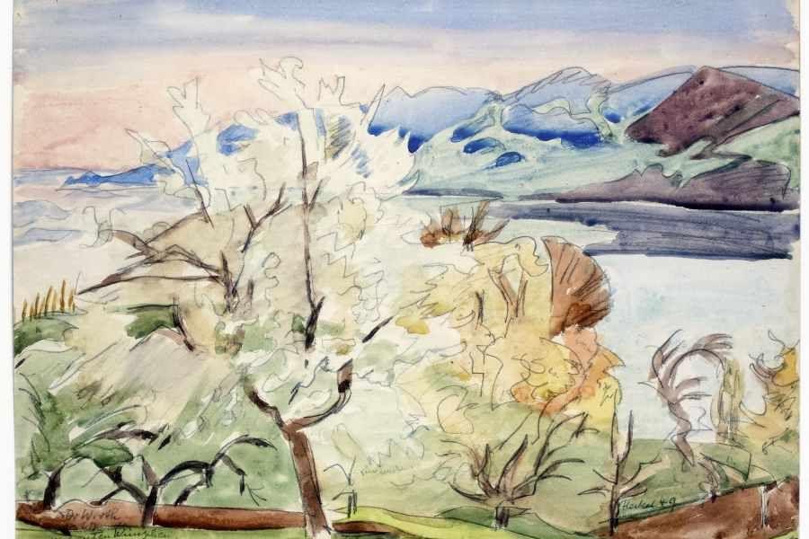 Erich Heckel 1883 Döbeln - 1970 Hemmenhofen Landschaft am See Aquarell auf Karton, 1949; H 310 mm, B 430 mm Schätzpreis:	4.000 - 6.000 EUR