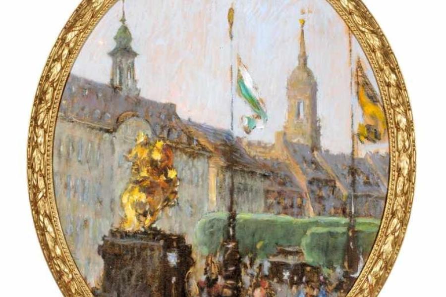 Gotthardt Kuehl, Blick auf den Dresdner Neumarkt mit Goldenem Reiter und Dreikönigskirche. Um 1908.   Mindestpreis:	8.000 EUR Aufrufpreis:	 Schätzpreis:	9.000 EUR