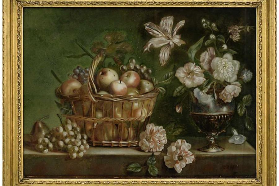 Vispré, Victor 1727 Besançon - nach 1780 London Stillleben mit Früchtekorb und Blumen Hinterglasbild BA: 46 x 64 cm R. u. signiert. Minimale Farbablösungen. Rahmen Schätzpreis:	4.000 EUR