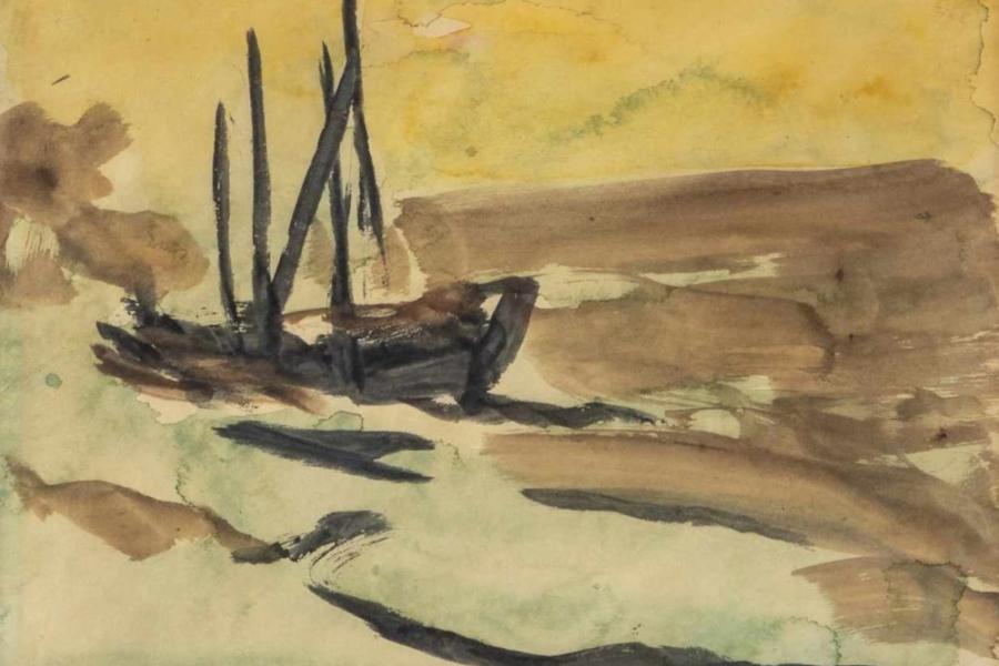 Emil Nolde 1867 Nolde - 1956 Neukirchen Boot, 1913. Aquarell auf Papier. Signiert unten rechts. 23,2 x 27,9 cm.  Schätzpreis:	15.000 - 25.000 EUR