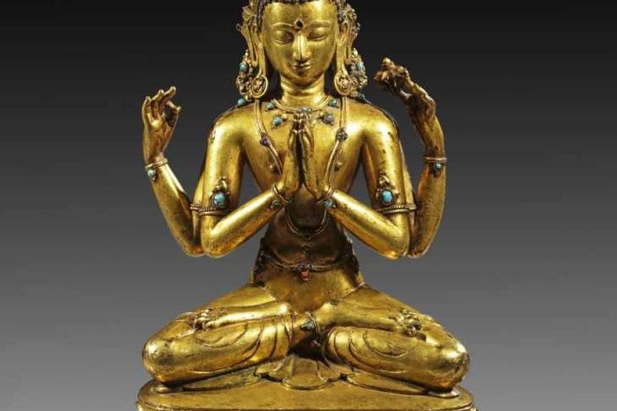 Avalokiteshvara als Shadakshari Lokeshvara. Tibet, 19. Jh. oder früher. H 30,5cm. Bronze vergoldet, in zwei Teilen gegossen. Reste der blauen und roten Bemalung an den Haaren und Lippen. Aufrufpreis:	4.000 EUR Schätzpreis:	5.000 EUR