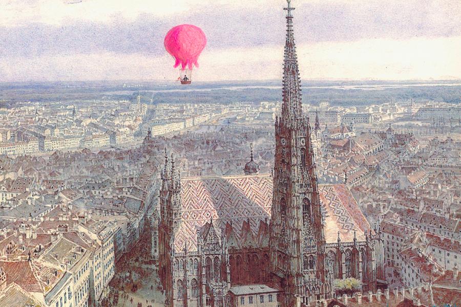 Bildsujets: Barbara Anna Husar 2020, Überarbeitung der Ballonfahrt über Wien von Jakob von Alt, 1847, handcolorierter Tintenstrahldruck auf Papier, 29,7+ 42cm, Courtesy Galerie Maximilian Hutz, Hard, Österreich, Scan: Elmar Bertsch