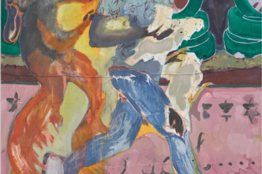 Michael Armitage, The Chicken Thief, 2019.  Oil on lubugo bark cloth. 200 x 150 cm. Courtesy the Artist and White Cube © Michael Armitage © White Cube (Theo Christelis).