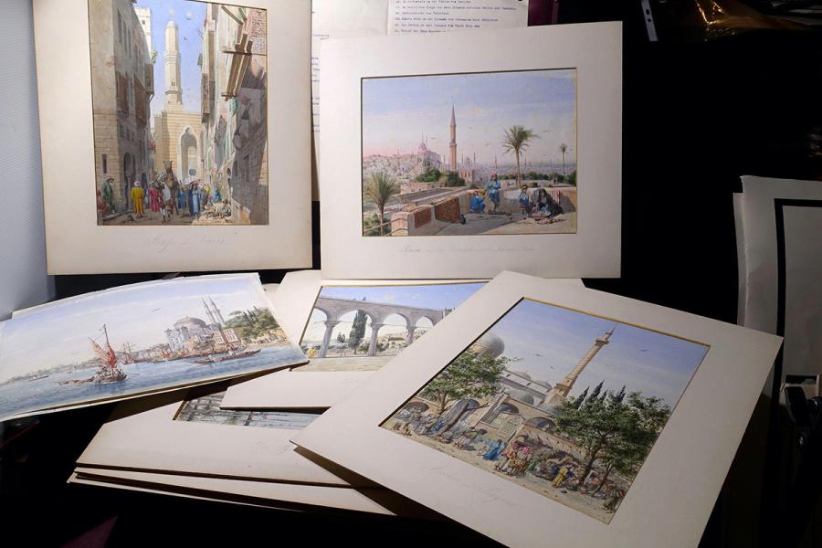 50 großformatige Aquarelle Orient-Reise um 1880: Ägypten, Türkei, Israel u.a. –  Aquarelle eines deutschsprachigen Orient-Reisenden. 48.000,–