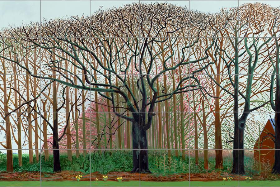 David Hockney, Bigger Trees near Warter or / ou Pein- ture sur le Motif pour le Nouvel Age Post-Pho- tographique, 2007 Öl auf Leinwand, 50-teilig, je 91.4 x 121.9 cm, total 457.2 x 1219.2 cm Tate: Schenkung des Künstlers 2008, © David Hock- ney