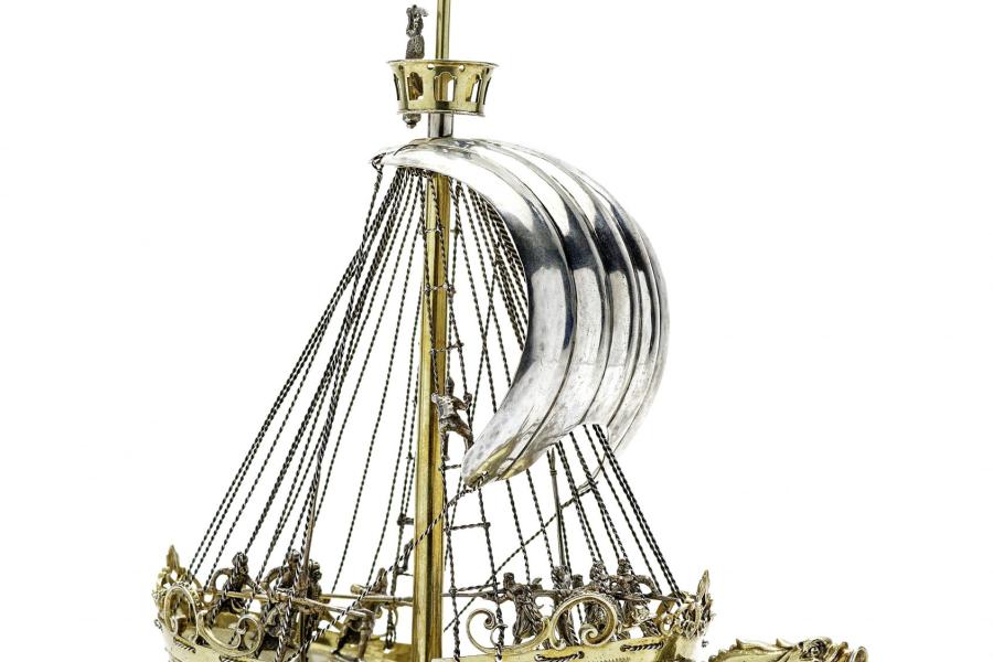 Georg Laue, Kunstkammer Ltd, Georg Müllner Master 1624/1625-1647/1659 Nef on wheels Nuremberg, 1641-1646 Parcel-gilt silver, town mark and master maker's mark 27 cm. (10 ⅝ in.) Master maker's mark punched on the edge of the hull