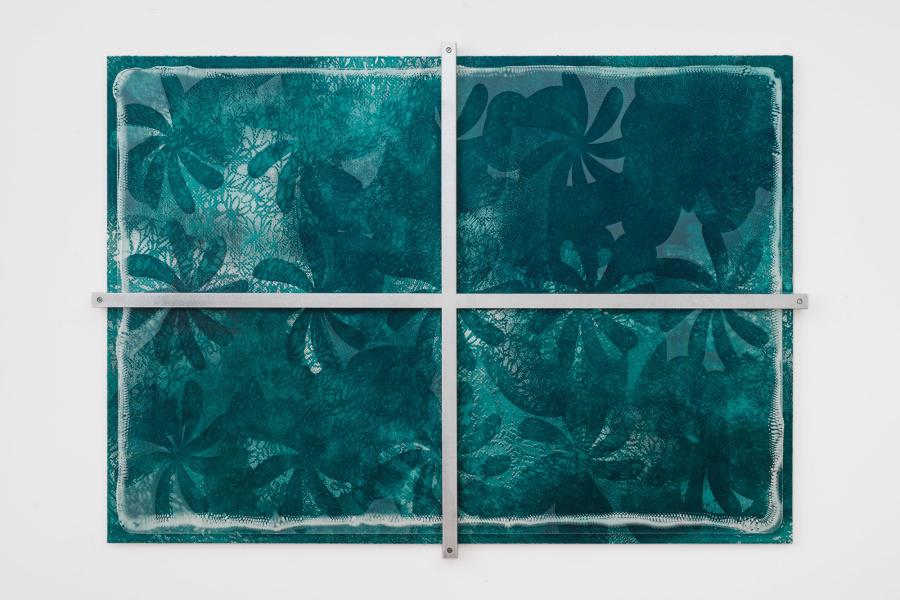 MAGDALENA KREINECKER Twist: Birds, Butterflies, Forest and Smoke 2022 polished aluminum frame, ceramic silkscreen on glass, aquatint etching on handmade paper mounted on aluminum-dibond, Commissioned by: OÖ Landes-Kultur GmbH with support of Alexander Tutsek Foundation 105 x 145 x 4.5 cm