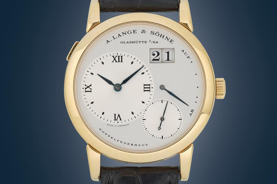 Lange & Söhne Glashütte I/SA Lange I, um 1996, Großdatum und Ganzreserveanzeige, Referenz 101.002, Schätzwert € 30.000–50.000