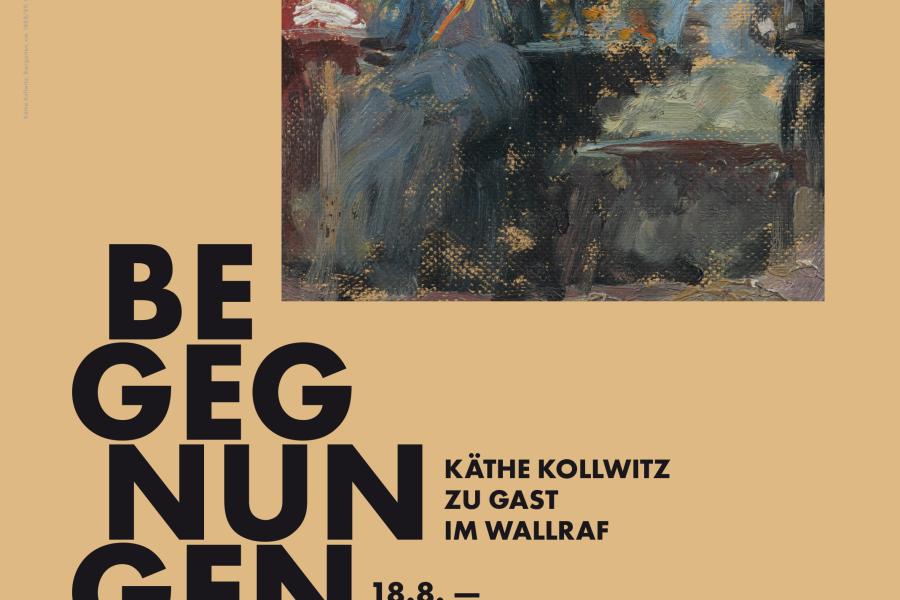 BEGEGNUNGEN – Käthe Kollwitz zu Gast im Wallraf-Richartz-Museum & Fondation Corboud. Plakat zur Intervention (18.5.-10.9.2023). Motiv: Käthe Kollwitz, Biergarten I (Ausschnitt), 1888/89, Öl auf Malpappe, 162 × 263 mm, Käthe Kollwitz Museum Köln © Käthe Kollwitz Museum Köln, Gestaltung: Christian Nitz