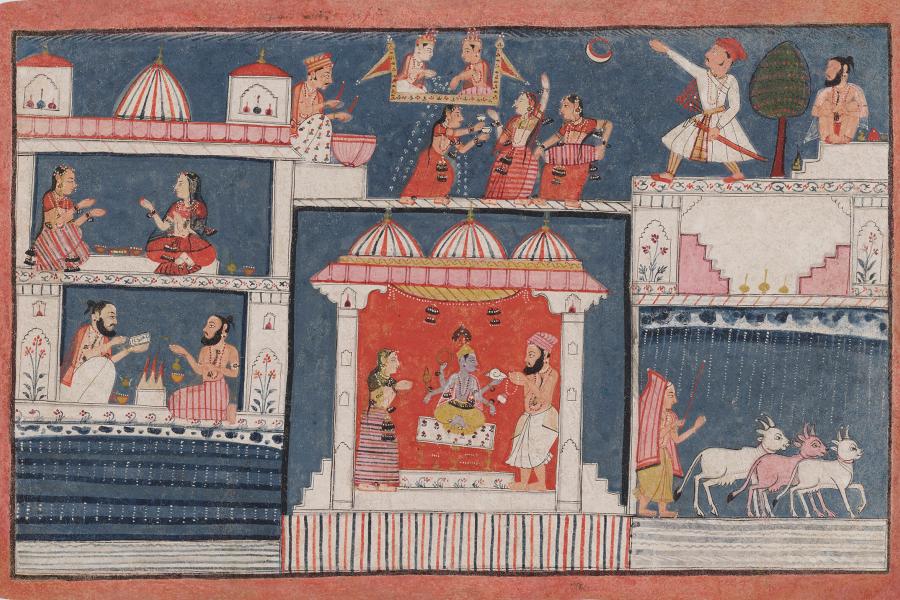 Krishna wird auf der Erde geboren  Folio 8 aus einer Bhagavata Purana-Serie (zu BhP 10.3.1–46), Indien, Bundelkhand, Orchha, ca. 1690–1700, Dauerleihgabe Eva und Konrad Seitz, Museum Rietberg, Zürich (2021.124)