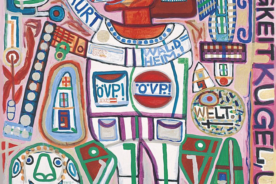 August Walla Ewigkeitendepolizist.!, 1988 Acryl auf Leinwand, Papier aufgeklebt, Farbstifte ALBERTINA, Wien – Familiensammlung Haselsteiner © ART BRUT KG