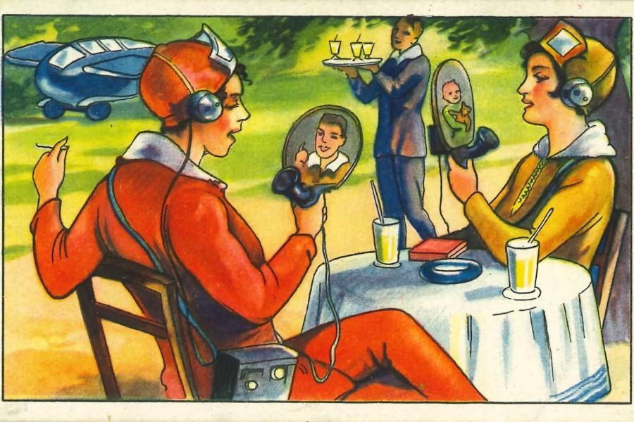 Drahtloses Privattelefon und Fernseher, um 1930, Wagner-Sammelbild, Chromolithografie, Privatbesitz, Foto: Clemens Sels Museum Neuss