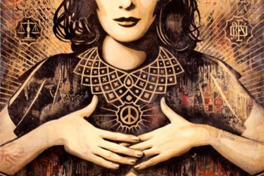 Shepard Fairey, Peace and Justice Woman, 2013, 152,4 x 112 cm, Mixed Media (Stencil, Silkscreen, and Collage on Canvas)