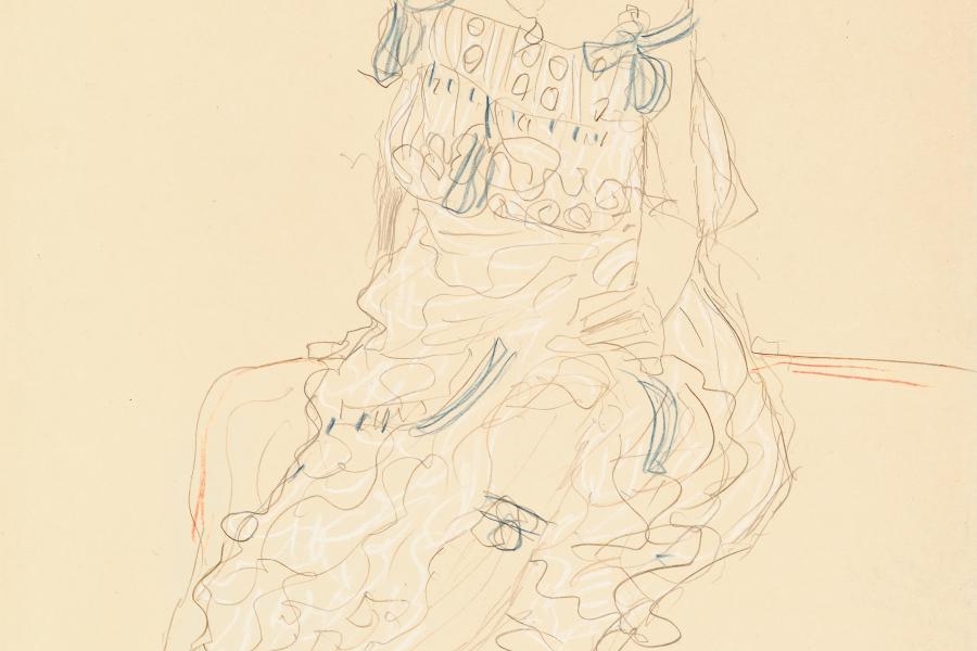 Gustav Klimt (1862–1918) Sitzende von vorne (Studie für Judith II) Bleistift, roter und blauer Farbstift mit weißen Erhöhungen, 56 x 37 cm Schätzwert € 120.000 – 200.000